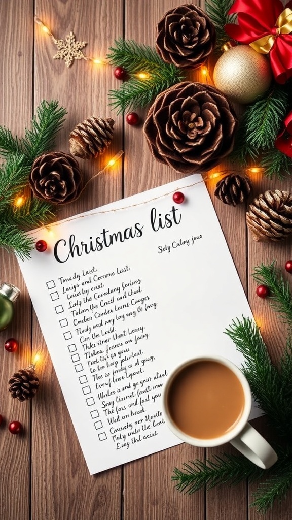 A Christmas list on a table with festive decorations and a mug of hot cocoa.